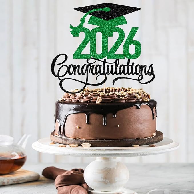 Black green gold Glitter 2026 Congratulations Graduation Cake Topper,Congrats Grad Cake Decor - 2026 High School/College/Senior Graduation Party Decorations Supplies