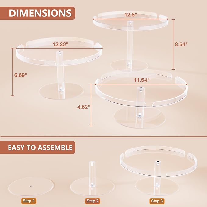 Bakzon Acrylic Cupcake Stand, Clear Dessert Dessert Table Display Set, Cupcake Tower Holder Display with Base for Wedding, Party, Baby Shower, 3 Set Round, Transparent