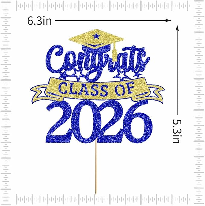 Glitter Class of 2026 Cake Topper，Congrats Grad Decorations， 2026 Happy Graduation High School/College/University Graduation Party Supplies Dark Blue and Gold