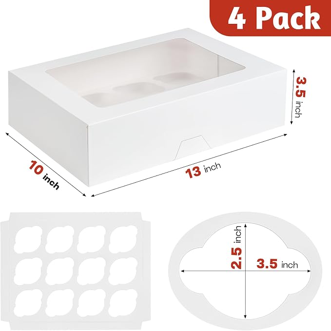 ZORRITA 12 Count Cupcake Boxes, 4 Pack, White | Auto-Popup, With Window & Inserts, Cupcake Carrier Containers, Fits Dozen Cupcakes Muffins