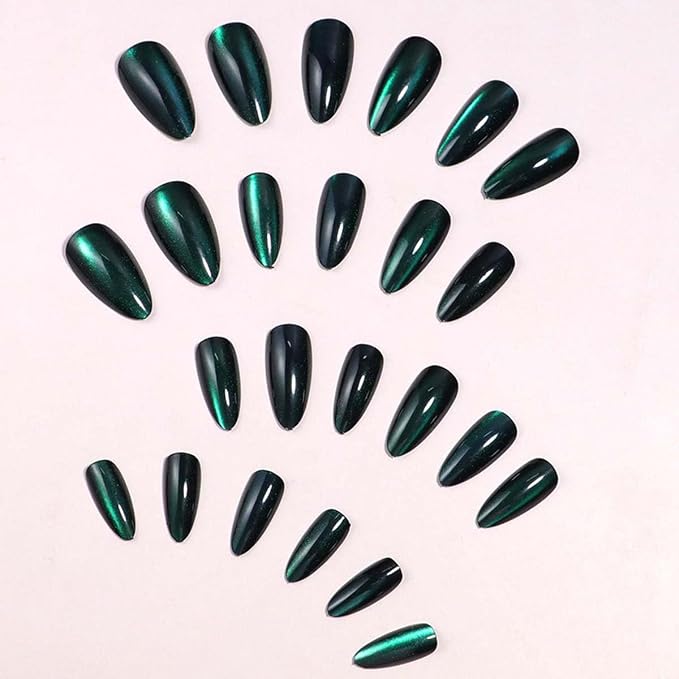 24Pcs French Press on Nails Short Almond ZWENJIE Cat Eye Fake Nails Press ons Nail Tips Stick on Nails Glossy Acrylic Nails Kit False Nails with Teal Green Design Nail Art for Women Glitter Manicure