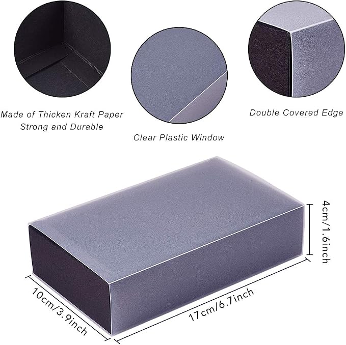 BENECREAT 12 Packs Large Black Kraft Paper Gift Box Rectangle Drawer Box with Clear PVC Windows 6.5x4x1.5 for Wedding Party Treats, Bakery, and Valentine's Gift Packaging