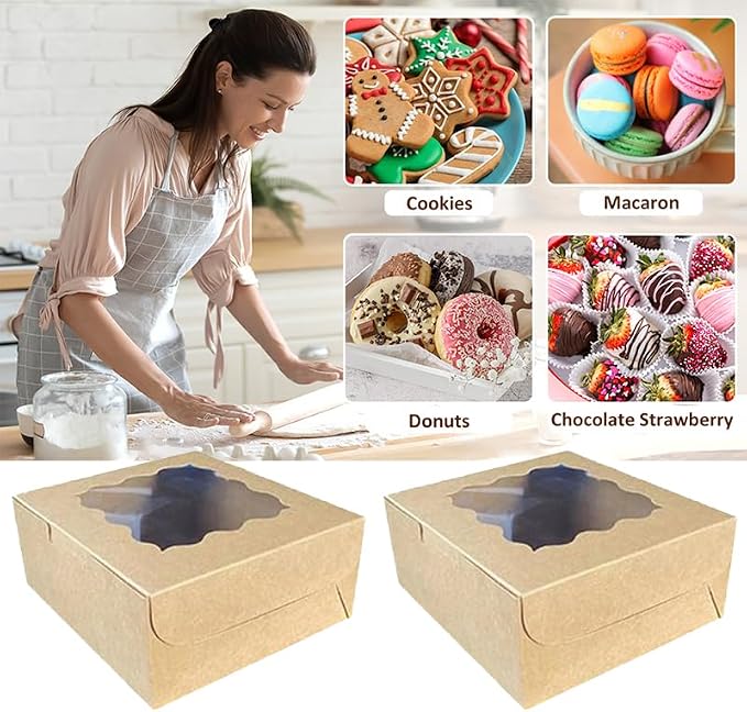 Generic 30Pcs (6x6x3 in) Mini Cake Boxes+2 stickers with Display Window for Gift Giving, Bakesale, Cupcakes, Dessert, Cookies, Pie, Macaroons, Donuts, Pastry, Kraft Paper Material… (30Pcs kraft)