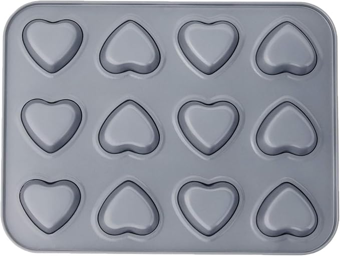 Fox Run Mini Heart Muffin Pan, 12-Cup, Preferred Non-Stick, Gray