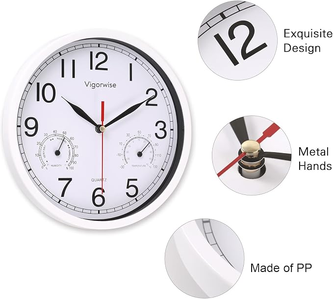 8 Inch White Wall Clock, Sweep Silent Movement Accurate Clocks with Temperature & Humidity, Decorative for Kitchen/Living Room/Bedroom/Office/School/Classroom