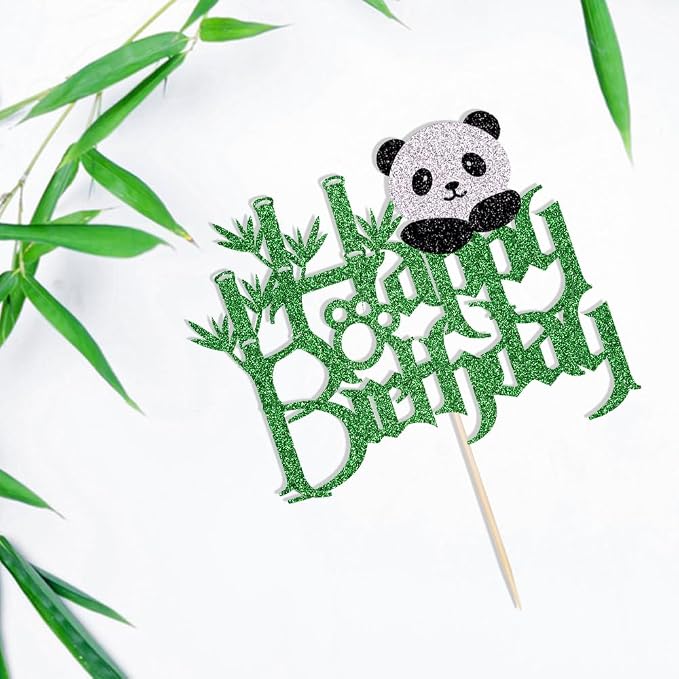 Panda Happy Birthday Cake Topper-Black Panda Bear Bamboo Birthday Cake Decoration Jungle Animals Theme Baby Shower Cake Decoration，Boys Girls Birthday Party Decoration Supplies