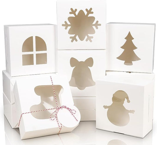 COTOPHER 18Pcs Christmas Cookie Boxes with Window, 6x6x3 inch White Bakery Boxes for Gift Giving, Small Treat Boxes for Cake Donuts Chocolate Strawberries Pastries Muffins
