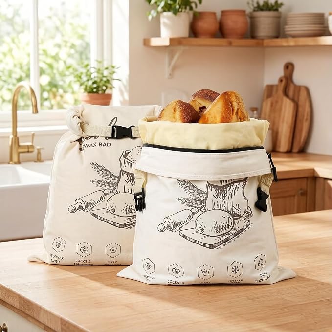 Beeswax Bread Bags for Homemade Sourdough, 2 Pack XL Reusable Organic Linen Cotton Bread Bags with Zipper Seal to Keep Bread Fresh (white and ecru)
