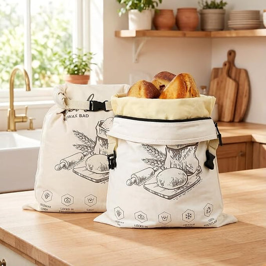 Beeswax Bread Bags for Homemade Sourdough, 2 Pack XL Reusable Organic Linen Cotton Bread Bags with Zipper Seal to Keep Bread Fresh (white and ecru)