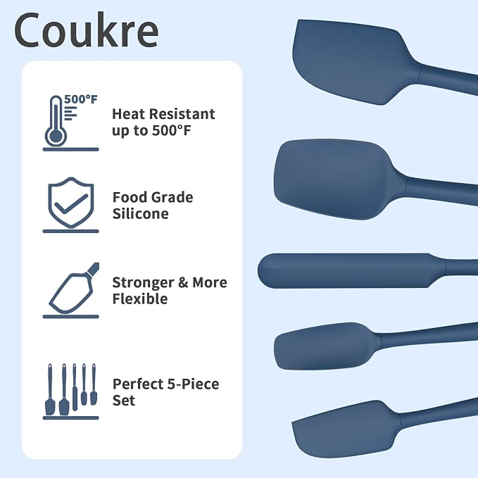 Coukre Silicone Spatula Set of 5,High Temperature Resistant, Food Grade Silicone, Dishwasher Safe, for Baking, Cooking (Pure Deep Blue)
