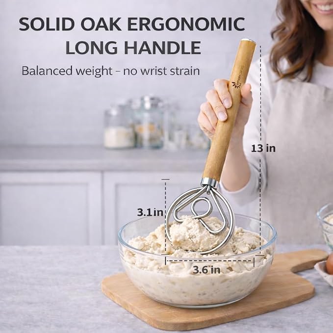 Danish Dough Whisk for Sourdough – Thick Stainless Steel Dutch Whisk with Ergonomic Oak Handle – Heavy-Duty Dough Mixer for Bread & Baking