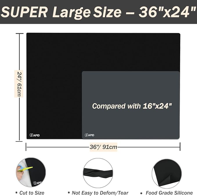 Extra Large Silicone Mat 36" x 24" Place Mats, Heat Resistant Mat for Kitchen Countertop Protector, Thick Placemats Washable Silicone Mats for Kitchen Counter Mat Dining Table Mat, Black, Sapid