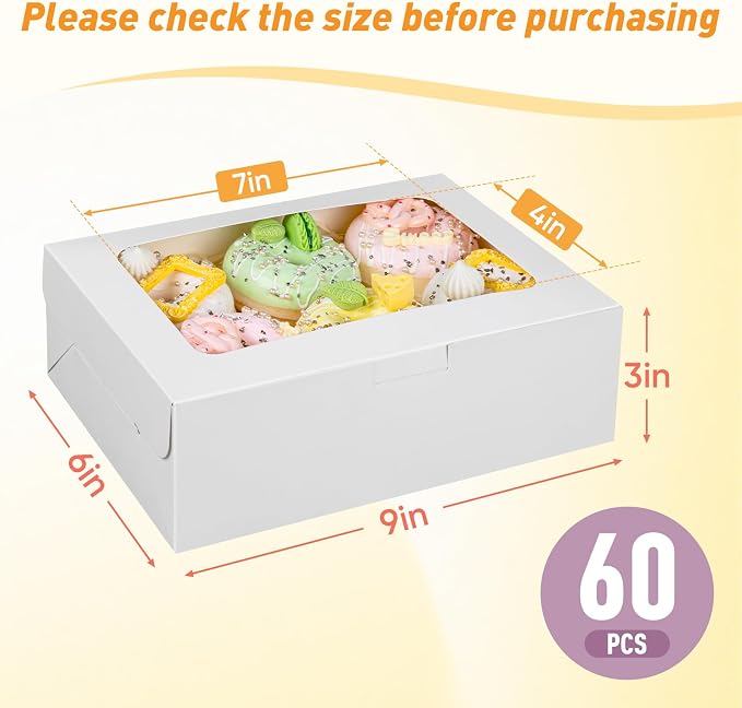 Treeroot 60PCS Cookie Boxes, 9x6x3 Inch White Bakery Boxes with Window, Treat Box for Desserts for Chocolate Covered Strawberries, Candies, Pancakes, and Donuts