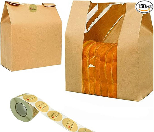150 Pack Paper Bread Bags for Homemade Bread Large Loaf Bag with Clear Front Window 14" x 8.3" x 3.5" 500pcs Homemade with Love sticker, Food Packaging Storage Popcorn Cookie Treat Bakery Bag