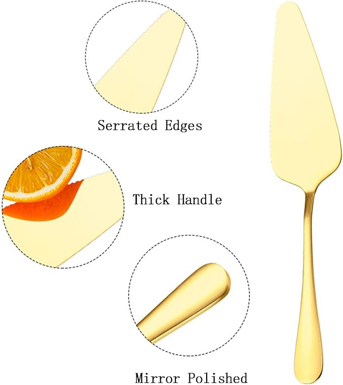 Cake Pie Server, 5 Pack Stainless Steel Pie Pizza Pastry Cake Slicer Server Set, Cake Cutter with Serrated Edges, Pie Cutters for Kitchen, Restaurants, Wedding, Birthdays and Parties(Gold)