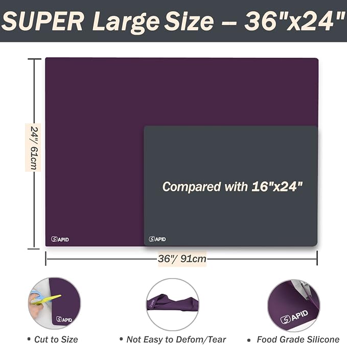 Extra Large Silicone Mat 36" x 24" Place Mats, Heat Resistant Mat for Kitchen Countertop Protector, Thick Placemats Washable Silicone Mats for Kitchen Counter Mat Dining Table Mat, Purple, Sapid
