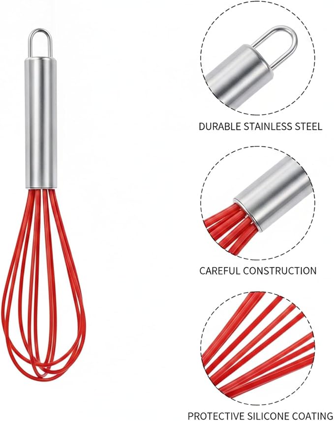8-Inch Silicone Coated Egg Whisk, Stainless Steel Wire Mixer for Non-Stick Cookware, Red Kitchen Tool for Baking and Cooking