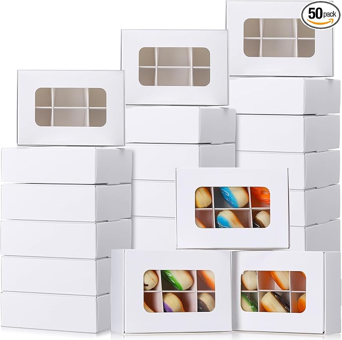 50 Pcs Kraft Treat Boxes with Window and Dividers, Empty Candy Truffle Baking Boxes, Square Cupcake Cookies Containers for Wedding Gift Giving (5 x 3.54 x 1.57 Inches,White)