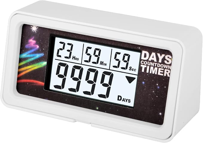 9999-Day Countdown Clock with 10 Cards for Wedding and Vacation | Shows total days, hours, minutes and seconds; 10 swappable paper themes, magnetic frame, 12/24-hour clock, 1-minute alert