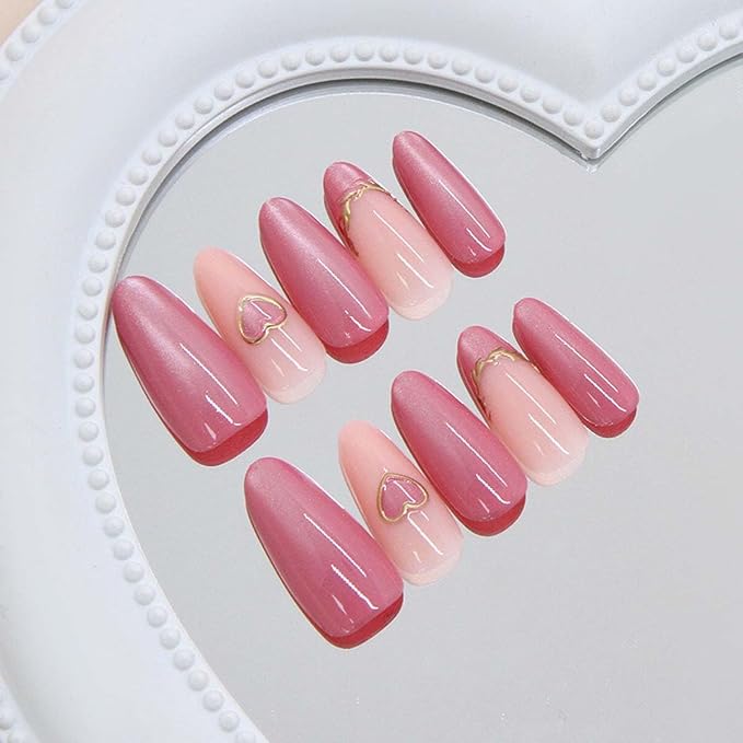 30Pcs Red Press on Nails Short Almond ZWENJIE Cat Eye Fake Nails Press ons Nail Tips Stick on Nails Glossy Acrylic Nails Kit French False Nails with Bow Design Nail Art for Women Glitter Manicure