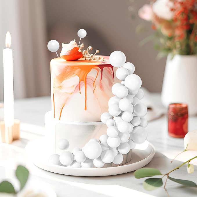 48 Pcs White Balls Cake Topper Decorations Balloon Cupcake Toppers Foam Cake Topper Balls Cake Balls Decorations for Birthday Party Wedding Anniversary Cake Decorating
