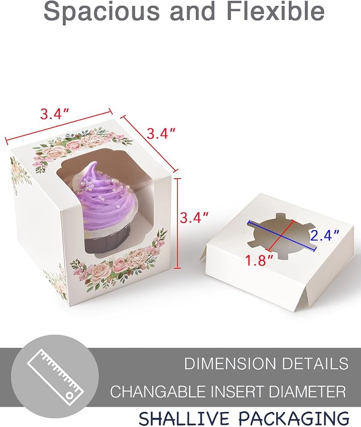 Pink Floral Mothers Day Cupcake Boxes Individual 60 Pcs with Pink Flowers with Window, 3.5" Single Containers Valentines Paper Holders for Cookies Muffins Gift Packaging Favors