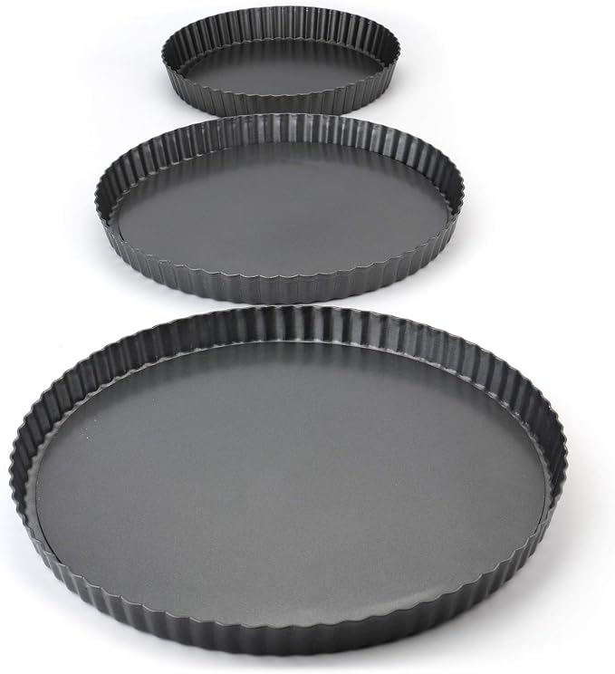 Tosnail Set of 3 Non-Stick Round Quiche Pan, 12 Inch, 10 Inch, 8 Inch Fruit Tart Pan, Fluted Pie Pan with Removable Bottoms