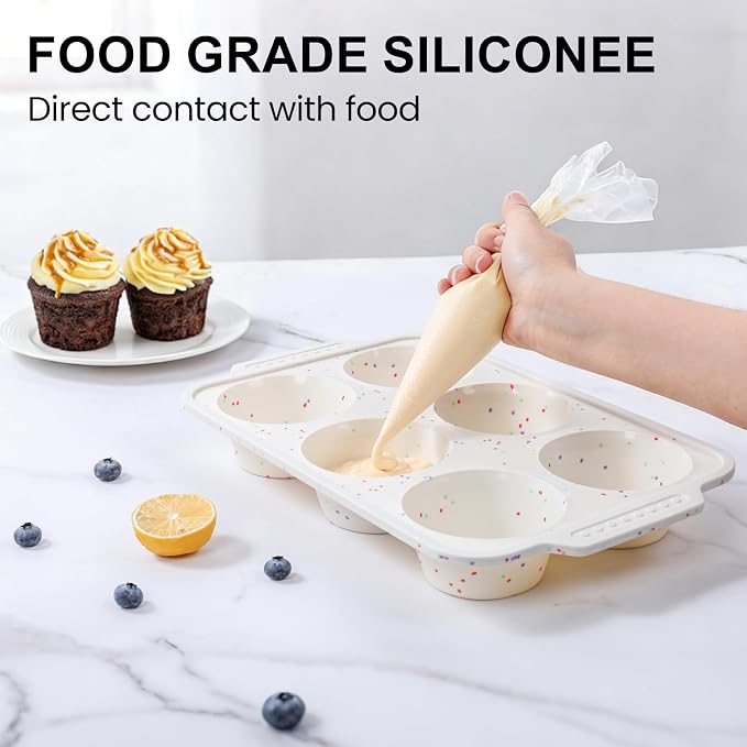 Vinino 2-Pack Silicone Jumbo Muffin Pan for Baking with Metal Reinforced Frame, 6 Cups Jumbo Cupcake Pan with Non-Slip Handle, Nonstick Muffin Tray for Oven, BPA Free, Dishwasher Safe