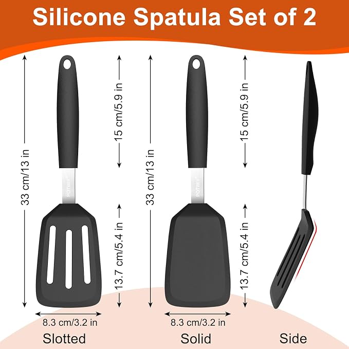 2 Pack Silicone Kitchen Spatula Set, 600°F Heat Resistant (Black) | BPA Free, Solid & Slotted Turner, Non-Toxic Cooking Utensils, Safe for Non Stick Frying Pan, Dishwasher Safe