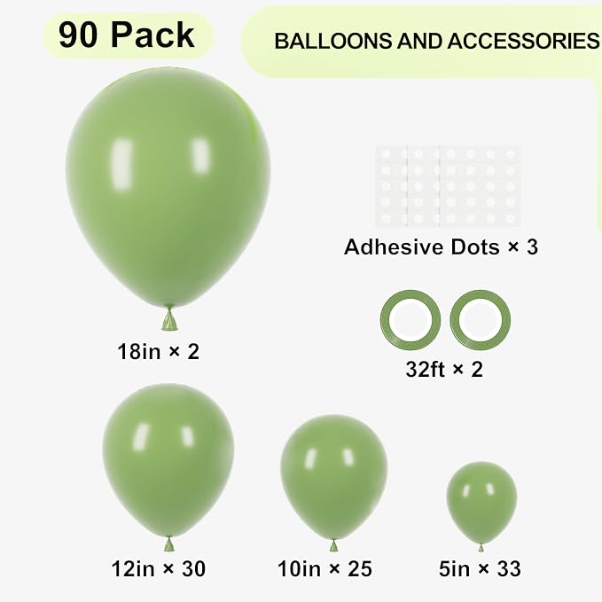 Voircoloria 90pack Sage Green Balloons Different Size 18/12/10/5 Inch Olive Green Balloon Garland Arch Kit for Graduation, Wedding, Birthday, Bridal Shower, Baby Shower, Anniversary Party Decorations