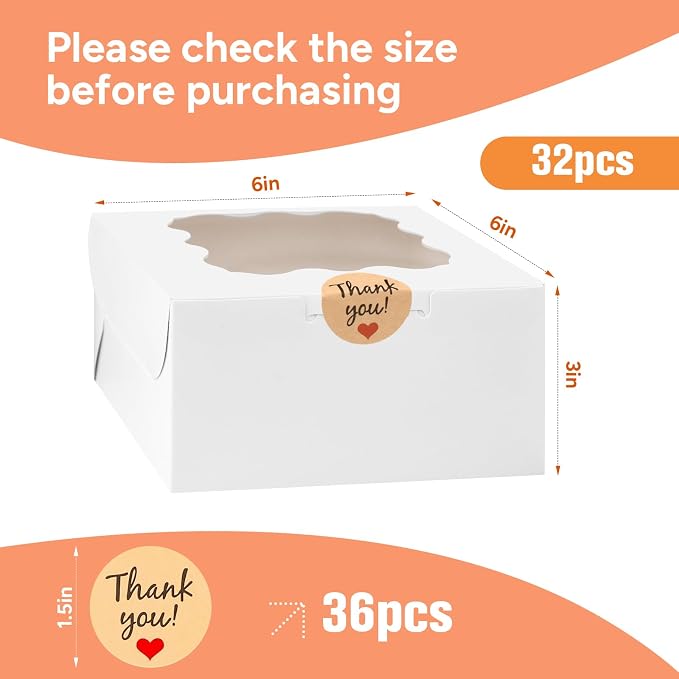 32Pcs Cookie Boxes with Window, 6×6×3 Inches White Paper Treat Boxes for Bakery Dessert Pastry Mini Cake Chocolate Candy Favor Donut Baked Goods (with Stickers)