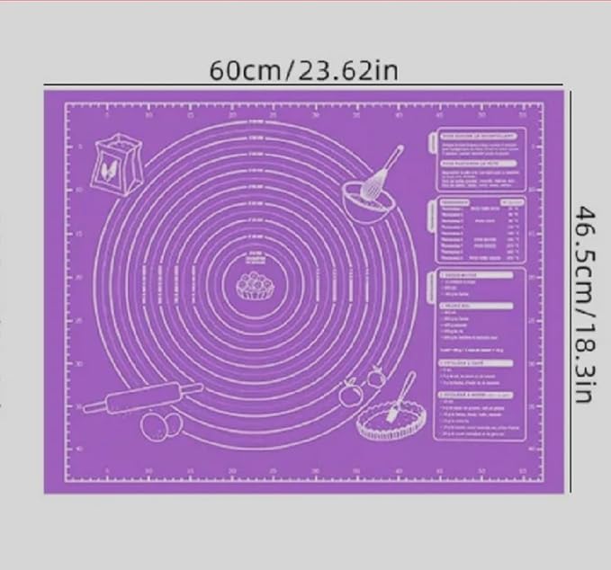 Large Silicone Pastry Mat, Purple, 23.6 x 18.3 inches, Non-Stick Baking and Kneading Mat with Measurements
