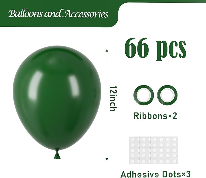 Voircoloria Dark Green Balloons, 66pack 12inch Green Latex Party Balloons for Birthday, Graduation, St. Patrick's Day, Christmas, Baby Shower, Dinosaur Party, Anniversary Party Decorations