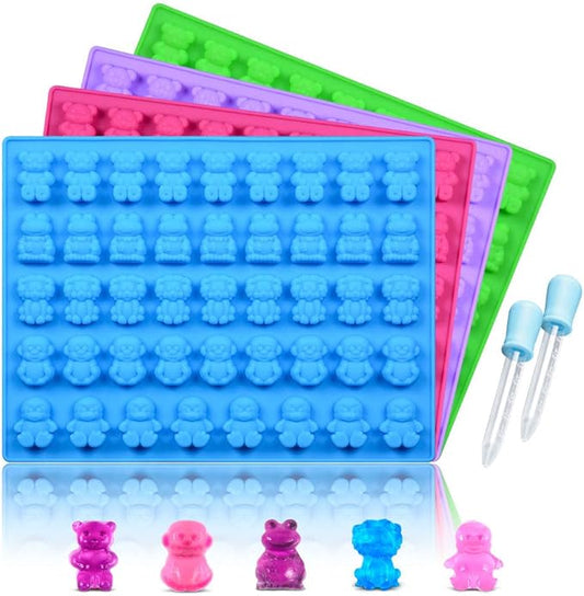 Silicone Candy Gummy Bear Molds - Chocolate Molds Including Bears, Frogs, Lions, Monkeys, Penguins Gummie Molds Premium Silicone, Pack of 4 with 2 Droppers
