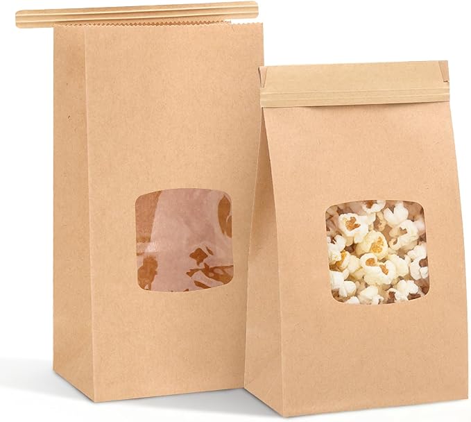 Moretoes Small Cookie Bags with Seal, 55pcs 3.54x2.32x6.69in, Seal by Tin Tie Tab, Brown Kraft Paper Small Bakery Bags with Window for Cookie Coffee Bread Pastry Treat Bakery Gift Giving Packing