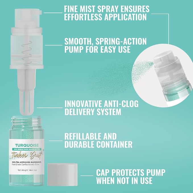 Bakell - Turquoise Tinker Dust (4g, 1x Mini Spray Pump) Edible Glitter for Food, Desserts, and Baked goods!
