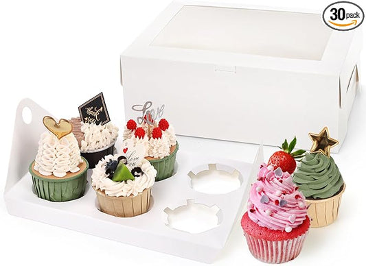 Yesland 30 Pack White Jumbo Cupcake Boxes, 6 Cupcake Containers with Windows, Handle Tray and Inserts, 10 x 6.8 x 4inch Tall Paper Cupcake Holder Carrier for Muffins, Standard or High Creams Cupcakes