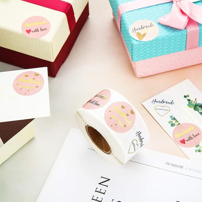 1 Inch Handmade with Love Stickers 500Pcs Baking Paper Stickers Love Heart Design Labels for Baking Packaging Stickers Decals Envelope Seals Stickers Tags for Wedding Party Gift Box Decor Supplies
