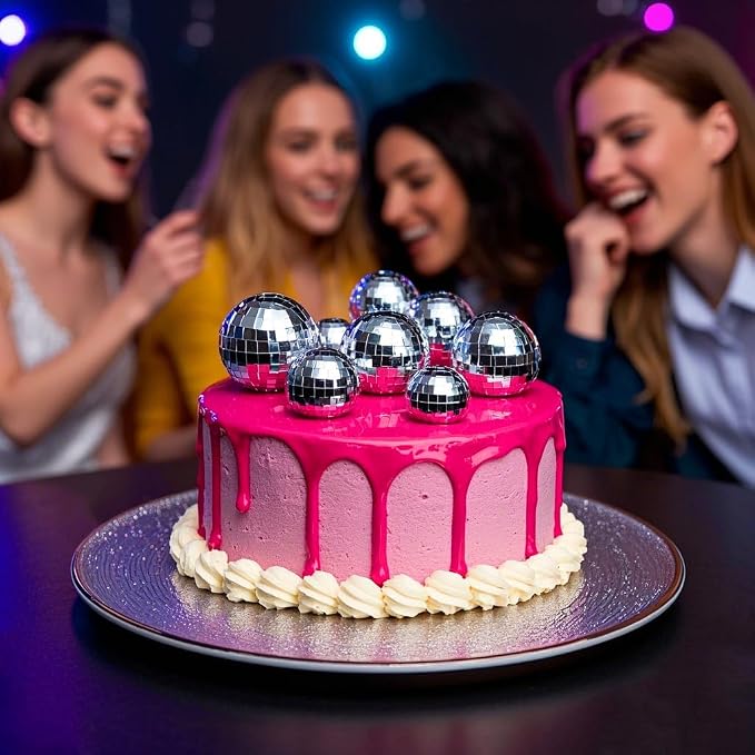 Soelomu 30 Pcs Mini Disco Ball Cake Decorations - 4 Sizes Silver Reflective Mirror CupCake Decor for 70s Birthday Music Disco Party Supplies
