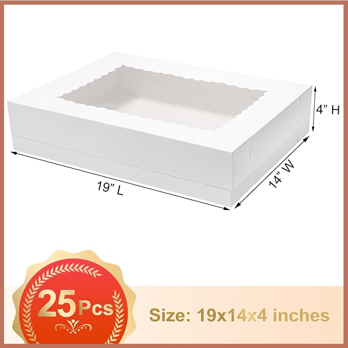 Mefleet 25pcs 19x14x4 Half Sheet Cake Boxes with Window Rectangle 1/2 Sheet Bakery Boxes for Pastry Baking Cake, Cupcakes, Donuts, Cookies, Pie Treat Packaging White Large