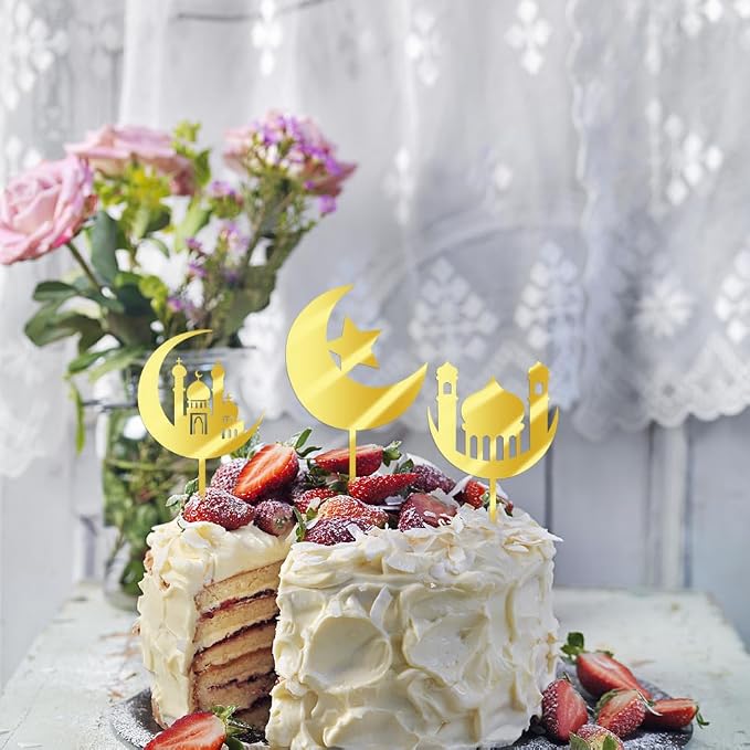 12 piece Acrylic gold Glitter Moon and Star Eid Mubarak cake Topper Ramadan Party Supplies Islamic Muslim Party Decorations