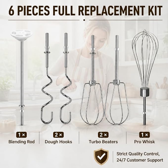 Hand Mixer Beaters Attachments for KitchenAid KHM Series, Stainless Steel Turbo Beater, Pro Whisk, Dough Hooks & Blending Rod Replacement Parts Compatible with KHM512 KHM926 KHM7210 KHM6118 (C (6PC))