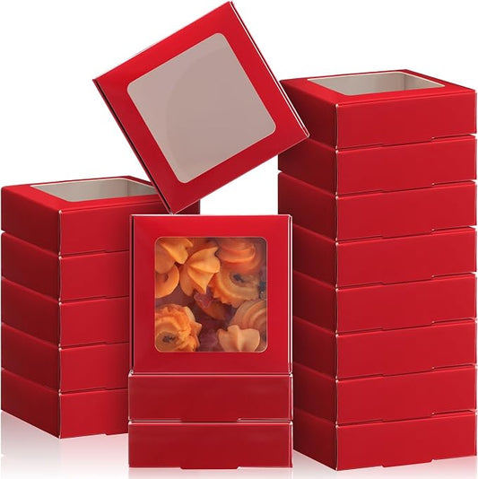 Zonon 60 Pcs Kraft Paper Boxes with Window 4.13 x 4.13 x 1.18 Inch Candy Packaging, Small Gift Boxes, Soap holder, Mini Treat Packaging for Bakery Chocolate Jewelry Display (Burgundy)