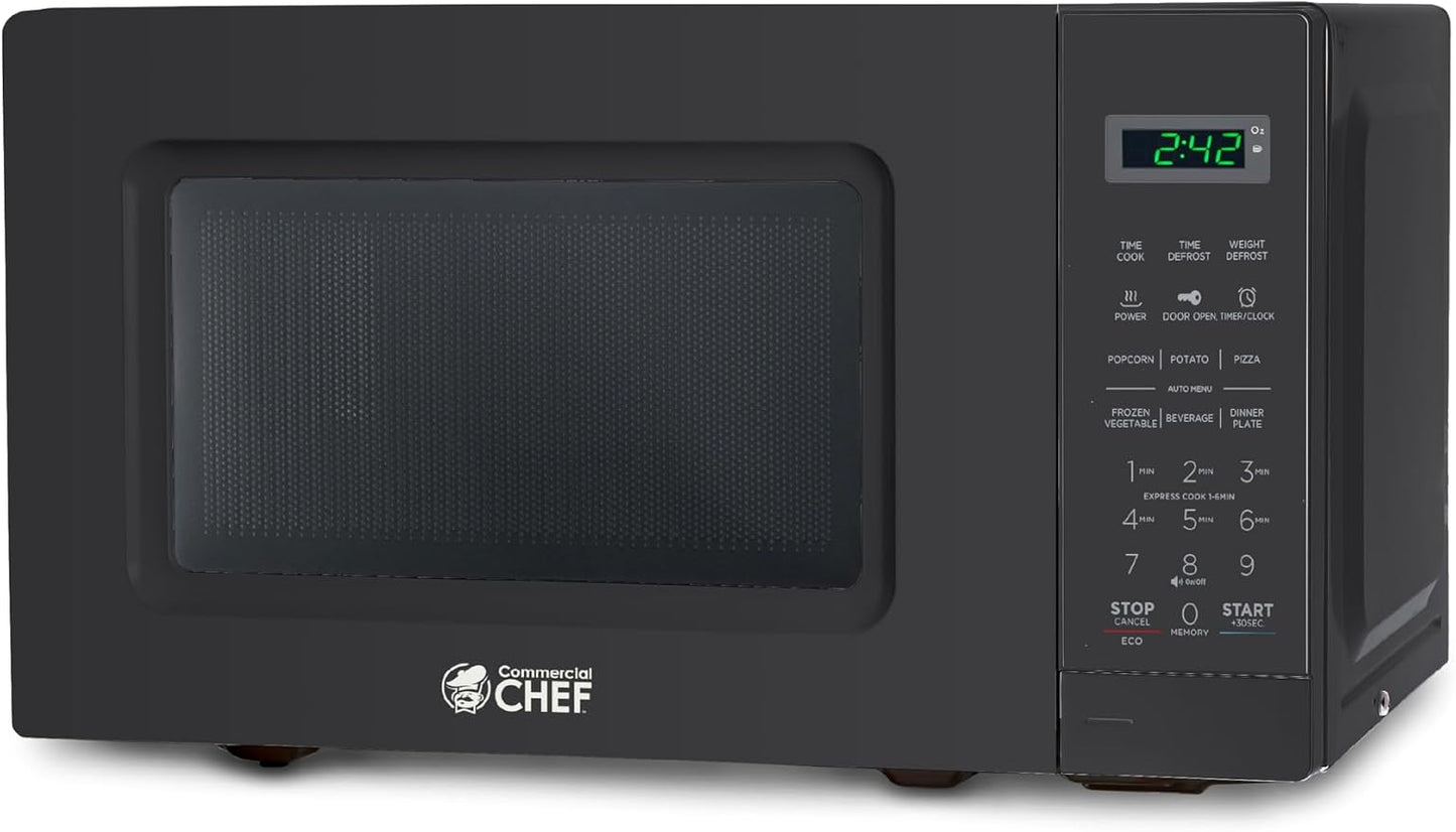 Commercial Chef 0.7 Cu. Ft. Countertop Microwave Oven, Touch Controls with Digital LED Display, 700W Small Microwave with 10” Turntable Plate, Push Button Door, 10 Power Levels, CHM7MB, Black