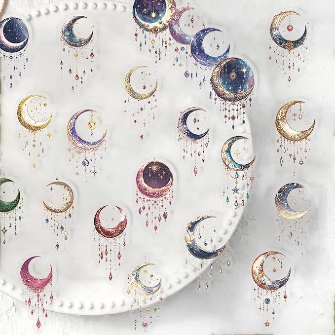 50PCS Dreamy Moon Crystal Gem Stickers Fashionable Transparent PET Material Decorative Sticker Clear Celestial Vinyl Decals with Stars,Crystals Galaxy Designs for Collectors,DIY Lovers...(Moon)