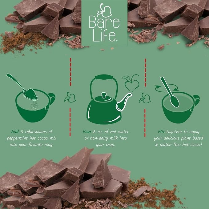 Bare Life Organic Peppermint Hot Cocoa Mix, Dairy Free Hot Cocoa Mix, Vegan Hot Chocolate Powder, Gluten Free, Kosher Pareve, Just Add Hot Water, 9.52 oz Pouch