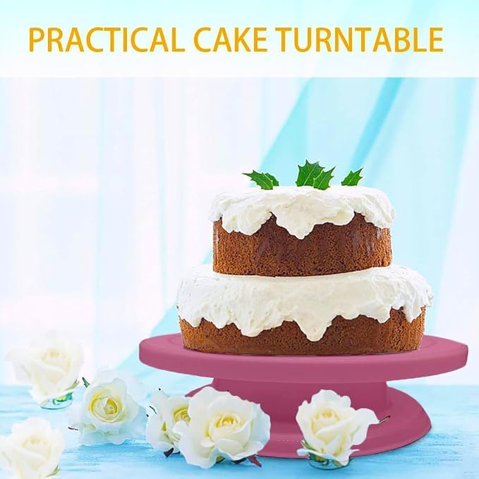11 Inch Cake Turntable, Rotating Cake Stand for Decorating, Plastic, Lightweight, Reusable, for Pastries and Cupcakes(Pink)