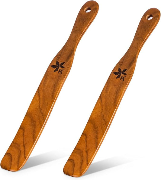 Spurtle for Sourdough Starter, Danish Dough Whisk and Jar Spatula, Solid Teak Wood for Mixing, Scraping Jars and Bread Making Tools, Wooden Kitchen Utensils for Non-Stick Cookware (2) (2 Pcs spurtle)