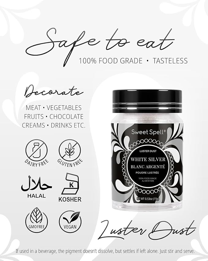 Sweet Spell Luster Dust Edible Glitter (15g) - Shimmer Pearl Dust Powder for Decorating Cakes, Chocolate, Drinks, Cocktails - 100% Edible, Food Grade, Vegan, Gluten-Free (White Silver)