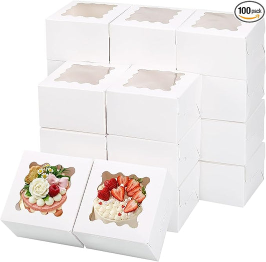 TOMNK 100pcs White Small Cake Boxes with Window, 4x4x2.5 Inch Small Cookie Boxes with Window, Bakery Boxes for Small Cake, Treats, Donuts, Candy
